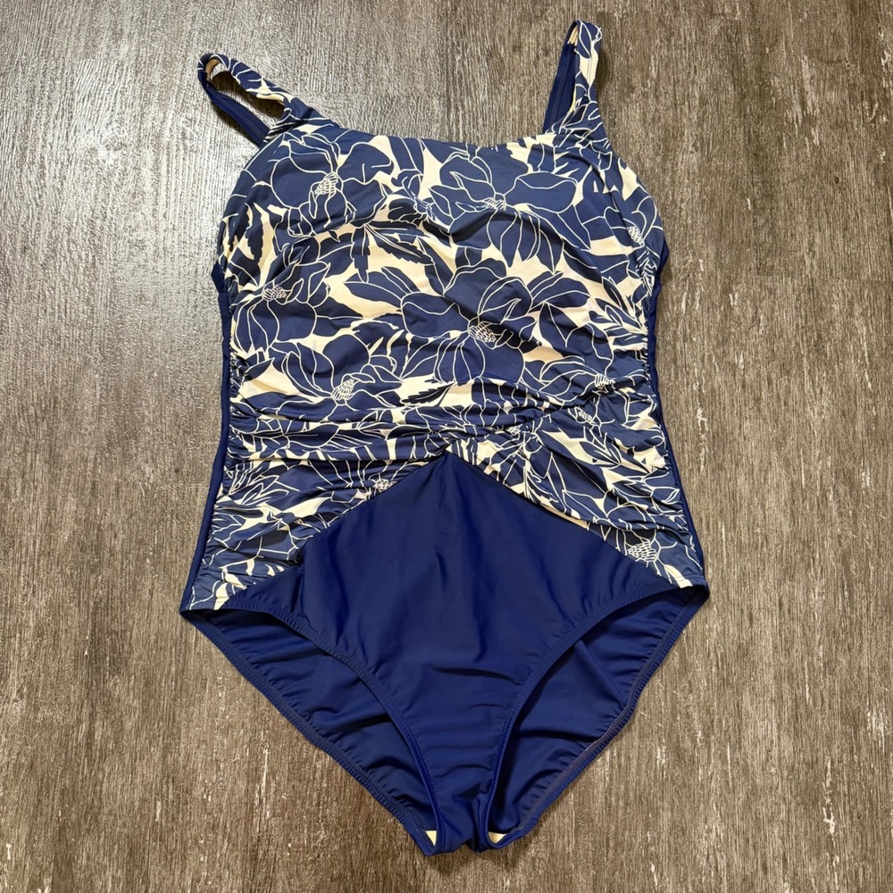 Lands' End One Piece Swimsuit Women 18 Navy Blue Floral Ruched Tummy Control